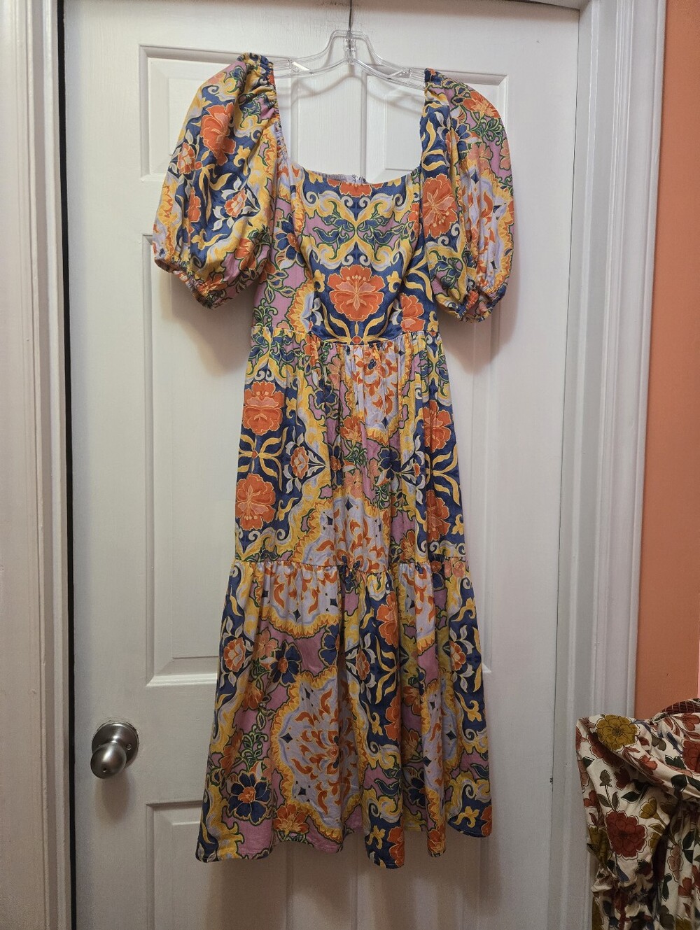 Vince Camuto Floral Puff-Sleeve Midi Dress in Orange & Navy
